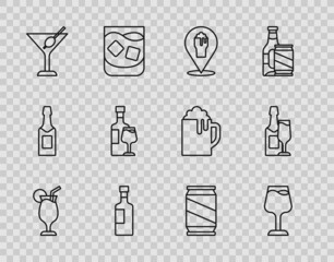 Set line Cocktail, Wine glass, Alcohol or beer bar location, bottle, Martini, with, Beer can and Champagne and icon. Vector