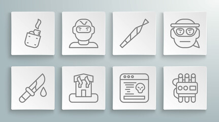 Set line Bloody knife, Thief mask, Arson home, System bug, Dynamite and timer clock, Marijuana joint, Bandit and Lighter icon. Vector