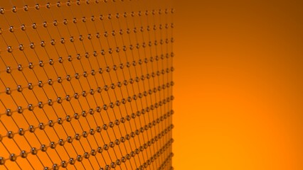 Metallic Silver Mathematical Geometric Abstract Wave Dots-Line Grid Structure under Orange Spot Lighting Background. Conceptual image of technological innovations, strategies and revolutions. 3D CG.