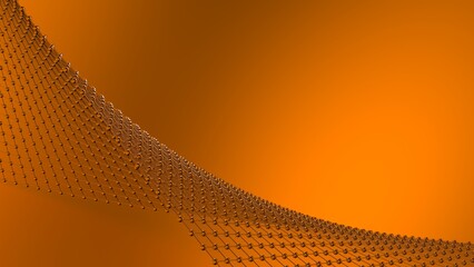 Metallic Silver Mathematical Geometric Abstract Wave Dots-Line Grid Structure under Orange Spot Lighting Background. Conceptual image of technological innovations, strategies and revolutions. 3D CG.