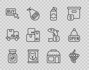 Set line Coffee jar bottle, Grape fruit, Sauce, Canned food, Buy button, Cash register machine, Market store and Hanging sign with Open icon. Vector