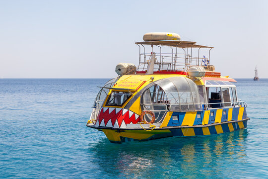 Tourist boat with glass bottom offshore in Eilat