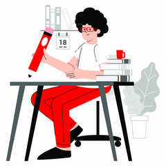 Flat vector Illustration of a male doing research and study on a desk table.