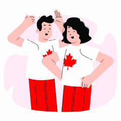 Flat vector Illustration of a male and female looking happy wearing a Canada Shirt.
