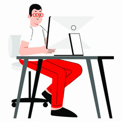 Flat vector Illustration of a male doing research and study infront of his computer on a table.