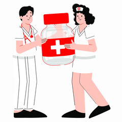 Flat vector Illustration of a doctor and a nurse holding a medicine bottle. Free medication, free medicine, free medical service illustration.