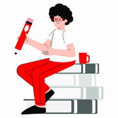 Flat Vector Illustration of a man sitting on a pile of books, and holding a pencil.