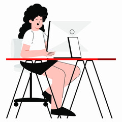 Flat vector Illustration of a female doing research and study infront of her computer on a table. Chatting with online Friends. Online Class.