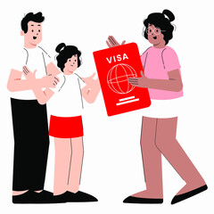 Flat vector Illustration of a girl holding a visa passport and showing to family or friends.
