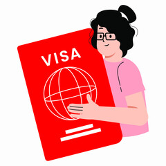 Flat vector Illustration of a girl holding a visa passport.