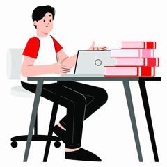 Flat vector Illustration of a male doing research and study infront of his computer on a table.