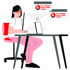Flat vector Illustration of a female doing research and study infront of her computer on a table. Chatting with online Friends. Online Class. - 510495079