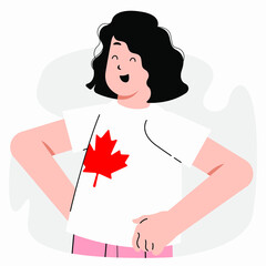 Flat vector Illustration of a female looking happy wearing a Canada Shirt.