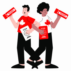 Flat vector Illustration of two males, men holding tickets and visa passports for Canada