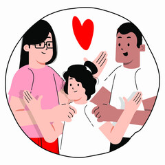 Flat Vector illustration of a loving and happy multi-cultural family.