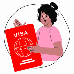 Flat vector Illustration of a girl holding a visa passport.