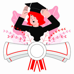 Flat vector illustration of a happy lady graduating. Lady wearing a graduation cap, with a diploma infront. - 510495086