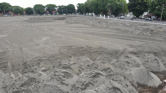 Aerial view of the Yogyakarta Palace (Keraton) field which is being replaced by white sand to maintain assets and support Jogja's form as a world heritage city.