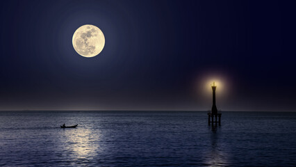 moon over the sea with boat and lighthouse