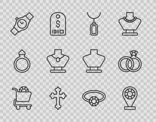 Set line Jewelry online shopping, store, Pendant necklace, Christian cross, Wrist watch, Necklace mannequin, Diamond engagement ring and Wedding rings icon. Vector