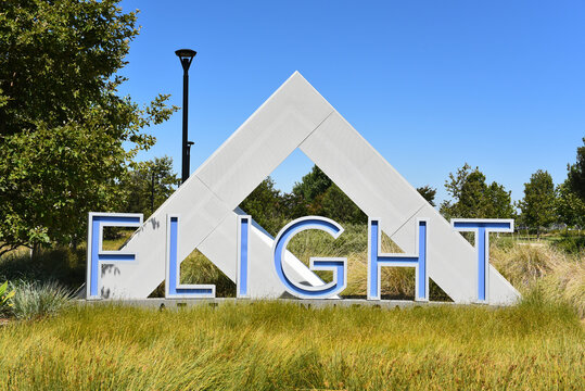 TUSTIN, CALIFORNIA - 12 JUN 2022: Flight sign at the east entrance to the Business Park at Tustin Legacy.