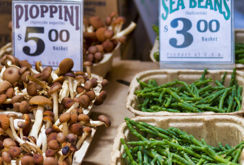 mushrooms and sea beans in the market