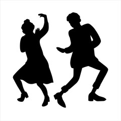 Silhouette of a couple of elderly people dancing a merry dance. Grandpa and grandma are dancing a retro dance. A dance duo. Vector.