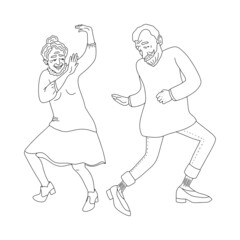 Cute couple of elderly people are dancing a fun dance. Grandpa and grandma are dancing a retro dance. Dance duo outline. Vector.