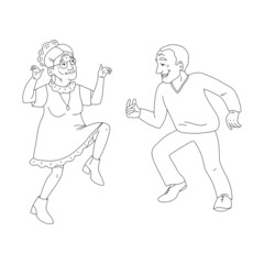 Cute couple of elderly people are dancing a fun dance. Grandpa and grandma are dancing a retro dance. Dance duo outline. Vector.