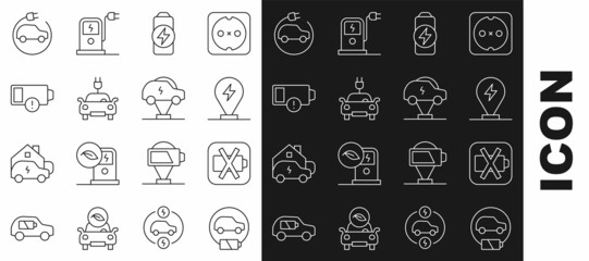Set line Electric car, Low battery, Charging parking electric, Battery charge, and icon. Vector