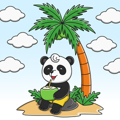 Cute cartoon panda drinking coconut water vector illustration design
