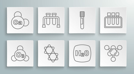 Set line Ozone, Test tube, Molecule, Chemical formula H2O, and Mineral Ca Calcium icon. Vector