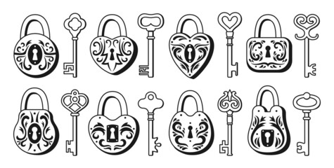 Lock and Key retro cartoon icon set. Old doodle padlock for safety and security protection vintage design element. Private access symbol keys and locks for logo, game, web app ui sign locking privacy