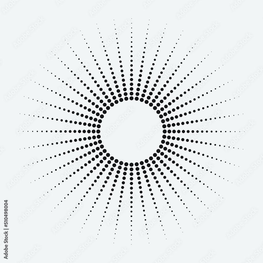Poster Radial halftone dots in Circle Form. Dotted fireworks explosion background. Starburst round Logo. Circular Design element. Abstract Geometric star rays.