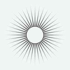 Radial halftone dots in Circle Form. Dotted fireworks explosion background. Starburst round Logo. Circular Design element. Abstract Geometric star rays.