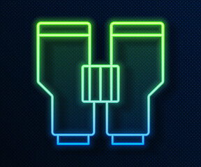 Glowing neon line Binoculars icon isolated on blue background. Find software sign. Spy equipment symbol. Vector