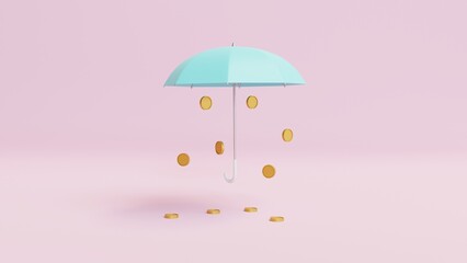 3d rendering, 3d illustration, business and finance concept, gold coins falling from umbrella