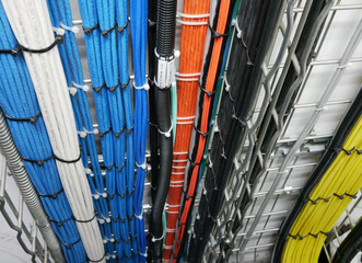 LAN cable or network cable in data center room.	
