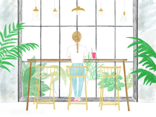 カフェでくつろぐ女性のイラスト