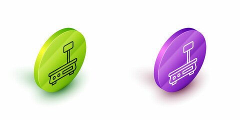 Isometric line Electronic scales icon isolated on white background. Weight for food. Weighing process in store or supermarket. Green and purple circle buttons. Vector