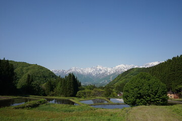 日本の青鬼集落。周囲を山に囲まれた場所で、田んぼや畑を人々が耕します。早朝、日が昇って間もない頃すっきりと雲が晴れて遠くに山が見えます。