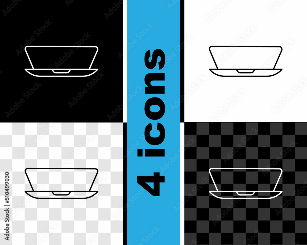 Poster set line laptop icon isolated on black and white, transparent background. computer notebook with emp
