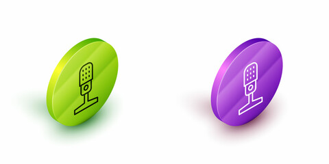 Isometric line Microphone icon isolated on white background. On air radio mic microphone. Speaker sign. Green and purple circle buttons. Vector