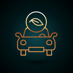 Gold line Eco car concept drive with leaf icon isolated on dark blue background. Green energy car symbol. Vector