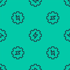 Blue line Gear and lightning icon isolated seamless pattern on green background. Electric power. Lightning bolt sign. Vector