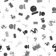 Set Magic ball, Trunk for magic tricks, Magic fog or smoke and Magic staff on seamless pattern. Vector