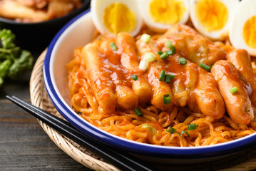 Korean spicy instant noodle with Tteokbokki, sausage and egg