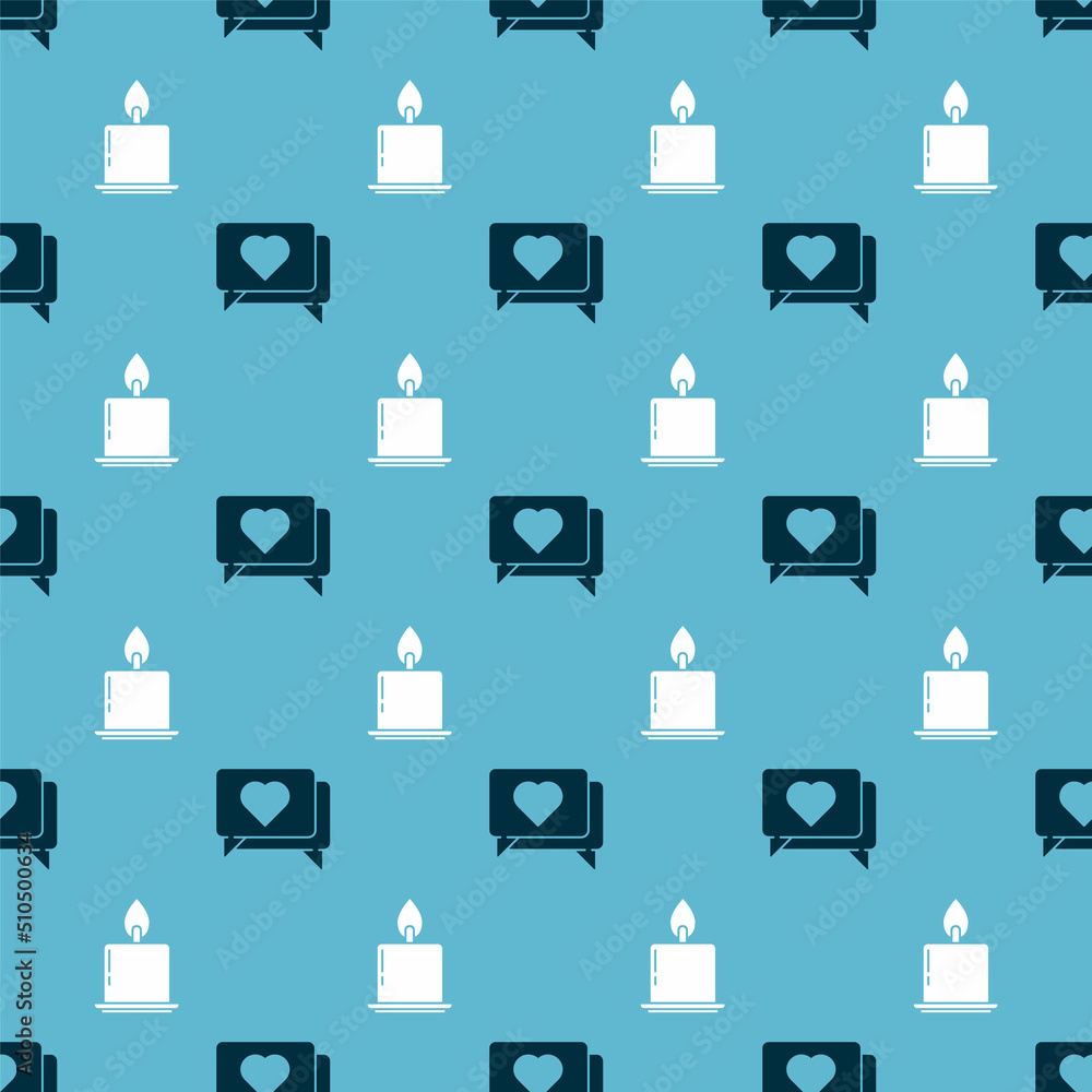 Poster set like and heart and burning candle on seamless pattern. vector