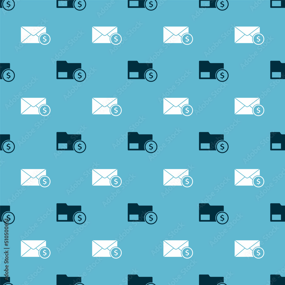 Poster set envelope with coin dollar and envelope with coin dollar on seamless pattern. vector