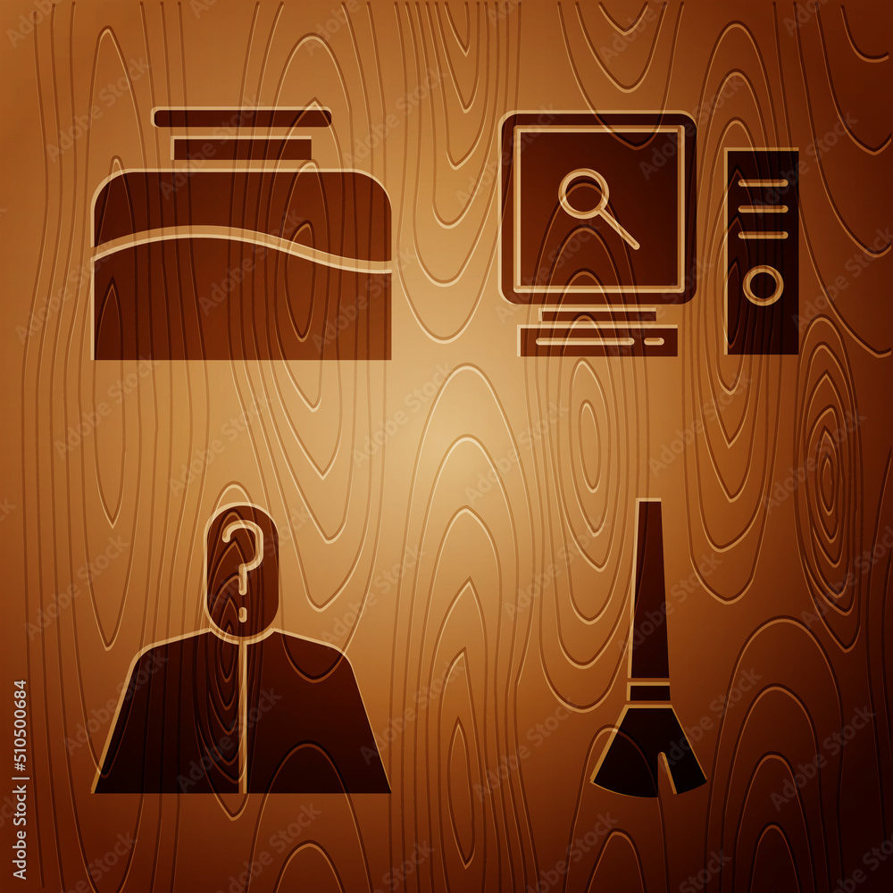Poster set paint brush, inkwell, anonymous with question mark and search on computer screen on wooden backg